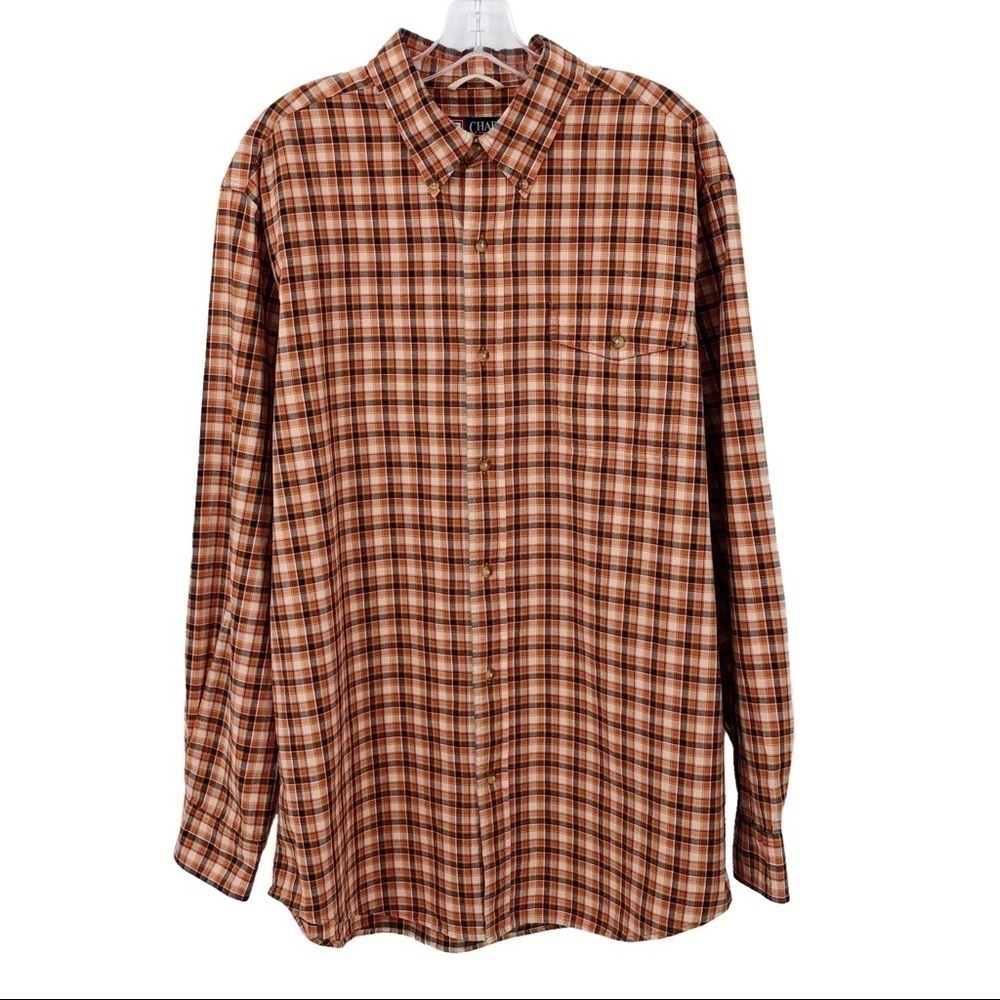 Chaps Men's Plaid Button Down Shirt Orange Size Large 100% Cotton Check Collared
